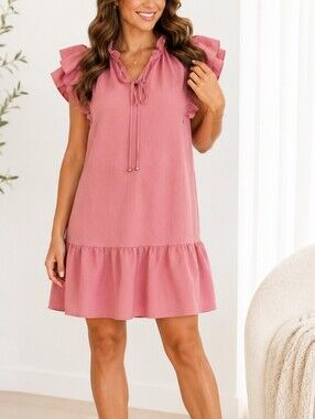 👚 Dusty Rose Ruffle Sleeve Shift Dress Tie Neck Boho Romantic Size M EUC